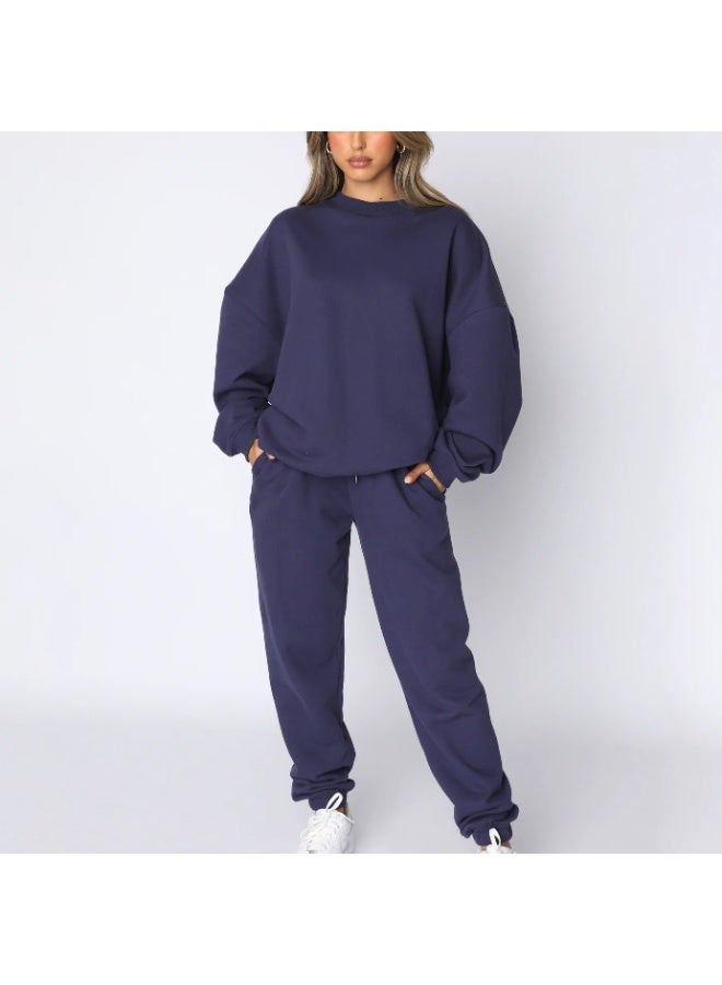NIBEMINENT Spring And Autumn Solid-color Round-neck Pullover Long Pants For Women, Fashionable And Casual Long-sleeved Set - Image 1