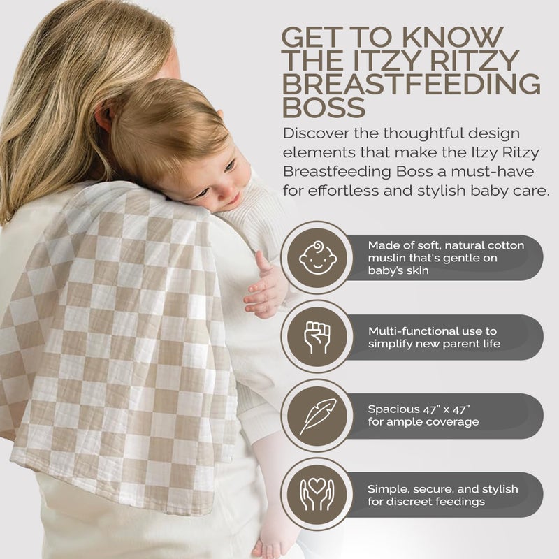 Itzy Ritzy Breastfeeding Boss Multi-Use Cover â€“ A Nursing Cover, Swaddle, Car Seat Wrap, Tummy Time Mat & Burp Cloth All in One â€“ Made of Soft Muslin Fabric & Measures 47â€ x 47â€ (Checkerboard) - Image 2