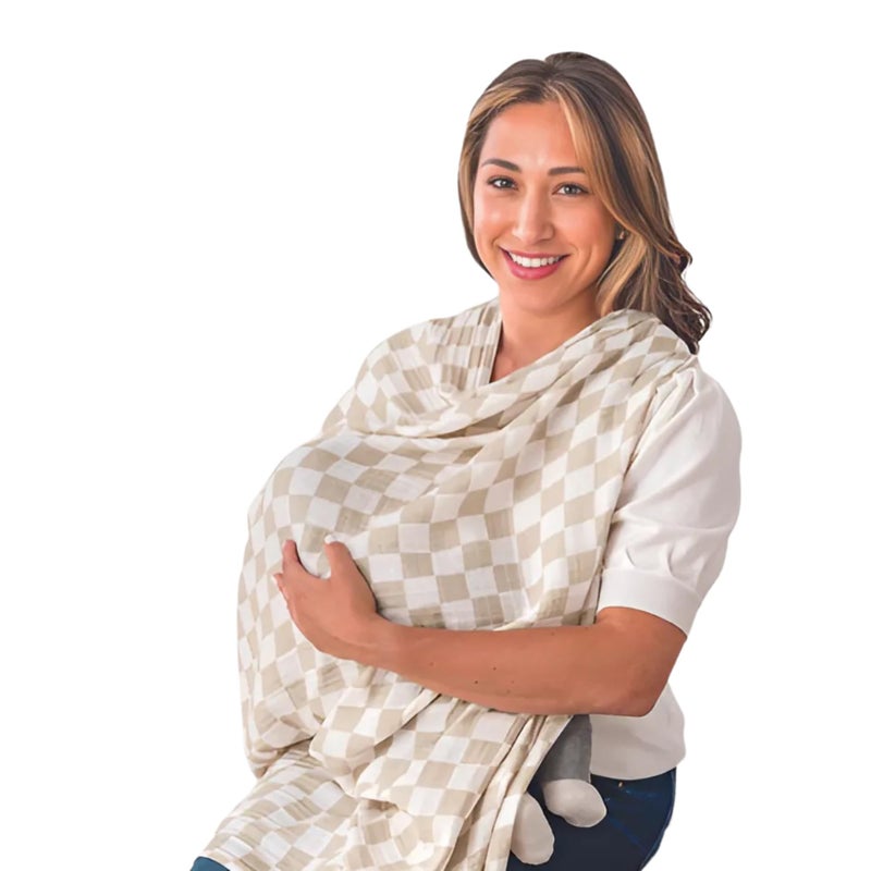 Itzy Ritzy Breastfeeding Boss Multi-Use Cover â€“ A Nursing Cover, Swaddle, Car Seat Wrap, Tummy Time Mat & Burp Cloth All in One â€“ Made of Soft Muslin Fabric & Measures 47â€ x 47â€ (Checkerboard) - Image 1