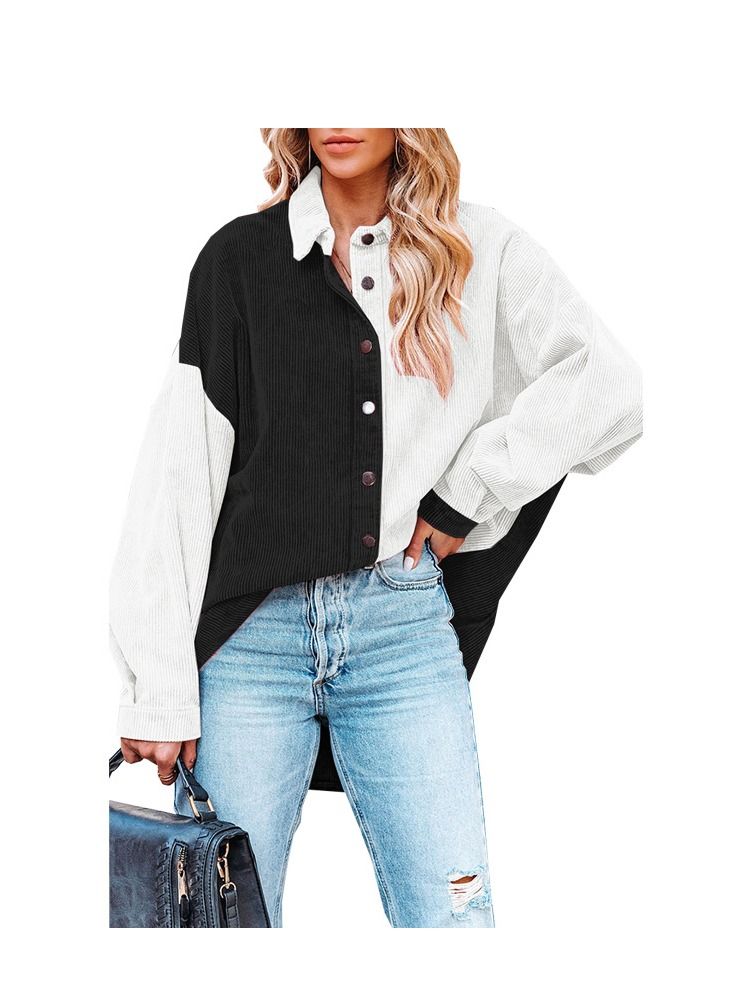 Loquat Autumn And Winter New Patchwork Color Corduroy Loose Casual Shirt 