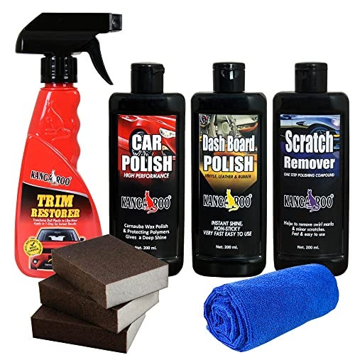 Kangaroo® New Car Care Kit Trim Restorer 300 ml, Car Polish, Dashboard Polish, Scratch Remover 200 ml Each 3 Foam Applicator and 1 Micro Fiber Towel - Save Your TIME and Money to FIND Separately - Image 1