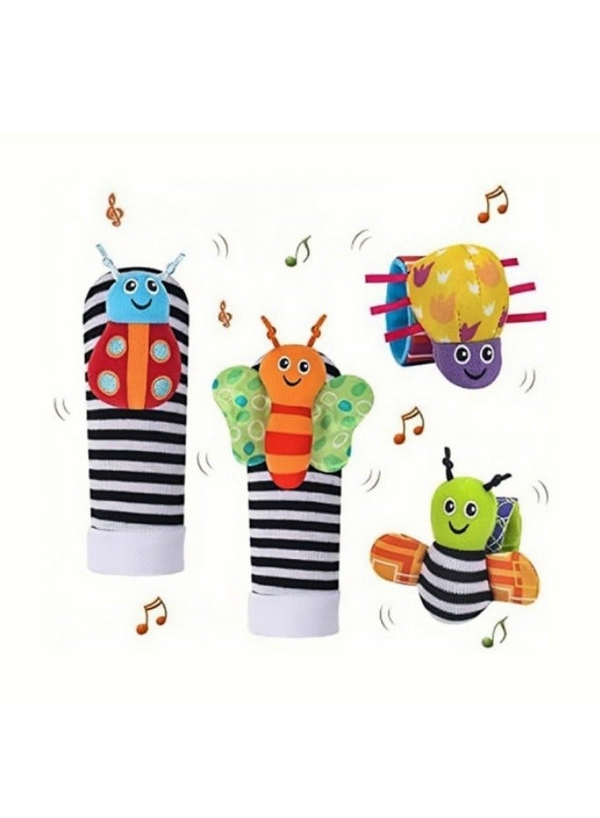4-Piece Baby Infant Socks And Wrist Rattles Toy Set Baby Plush Rattle Toy Set  - Image 2