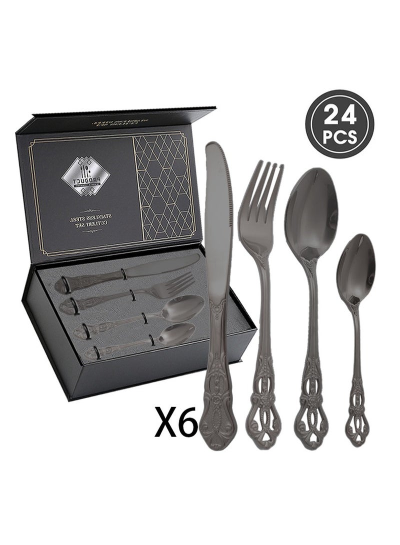 KUYING New Relief 24 Piece Set of Gold-Plated Stainless Steel Western Dining Knife Fork Tableware Set  - Image 1