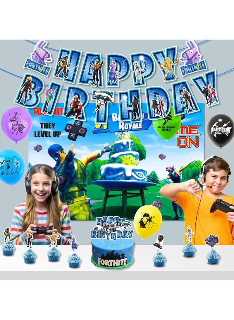 Fortnite Game Theme Birthday Party Decoration Set, Happy Birthday Banner, Bunting, Cake Decorating Topper, Background Cloth and Balloons, Perfect for Boys and Girls Birthday Decoration - Image 1