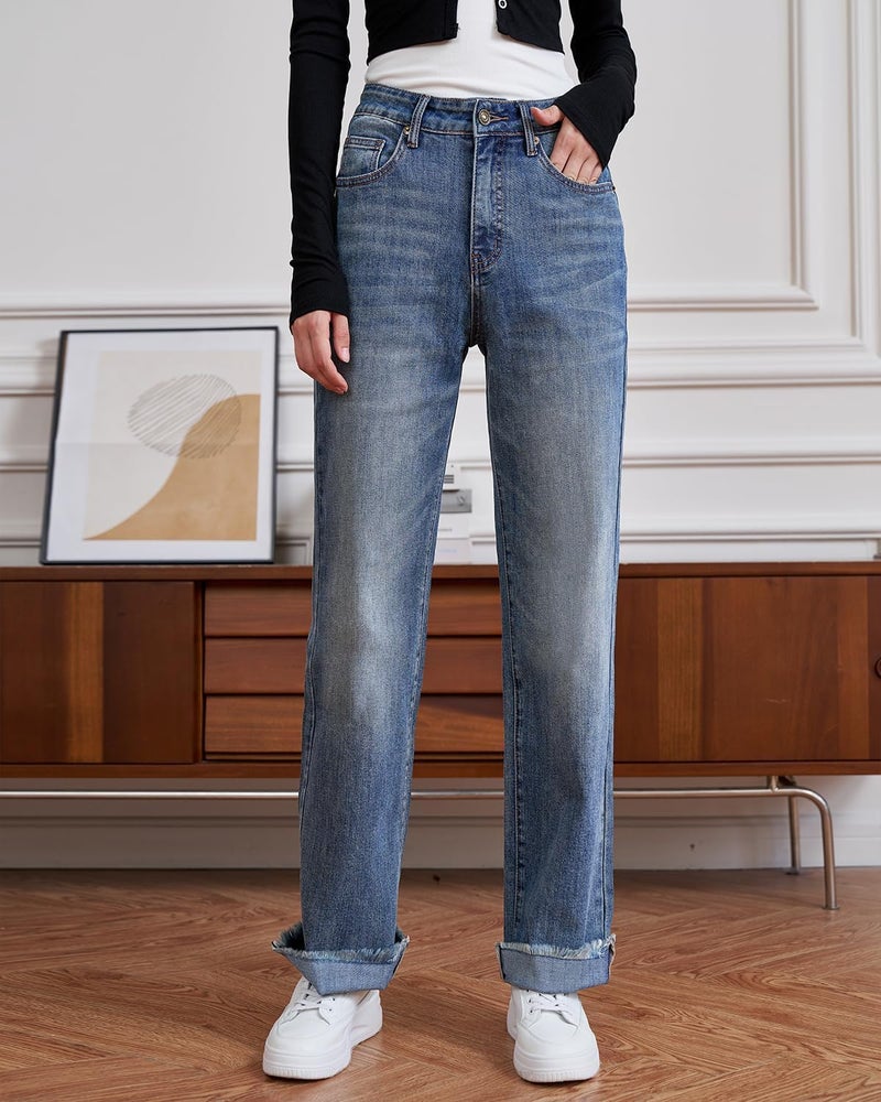 UPNET Womens High Waisted Jeans Stretchy Straight Leg Loose Fit Tummy Control Raw Hem Denim Pants Trendy 2025 Fashion (US, Numeric, 6, Regular, Regular, Blue) - Image 3