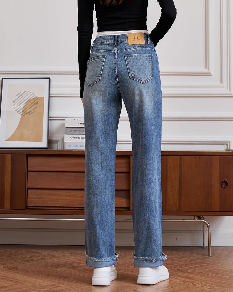 UPNET Womens High Waisted Jeans Stretchy Straight Leg Loose Fit Tummy Control Raw Hem Denim Pants Trendy 2025 Fashion (US, Numeric, 6, Regular, Regular, Blue) - Image 4