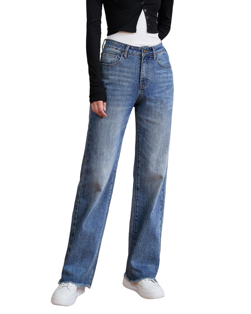 UPNET Womens High Waisted Jeans Stretchy Straight Leg Loose Fit Tummy Control Raw Hem Denim Pants Trendy 2025 Fashion (US, Numeric, 6, Regular, Regular, Blue) - Image 1