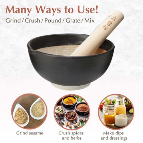 TIKUSAN Ceramic Ripple Ridge Mortar & Pestle (Suribachi & Surikogi) Set with Spout Made in Japan Mino Ware (Large Blue) - Image 4