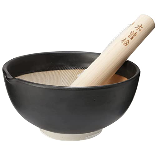TIKUSAN Ceramic Ripple Ridge Mortar & Pestle (Suribachi & Surikogi) Set with Spout Made in Japan Mino Ware (Large Blue) - Image 1