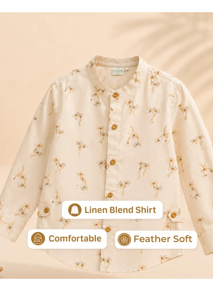 Luay Beige LUAY Boys Printed Linen Blend Co-Ord Set | Long Sleeve Shirt & Shorts Two-Piece Outfit | Lightweight Casual Wear for Boys for Men | Best Price UAE