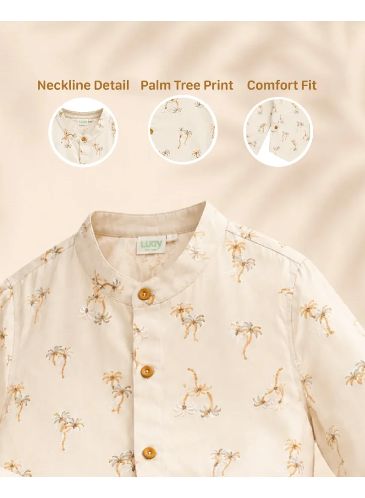 Luay Beige LUAY Boys Printed Linen Blend Co-Ord Set | Long Sleeve Shirt & Shorts Two-Piece Outfit | Lightweight Casual Wear for Boys for Men | Best Price UAE