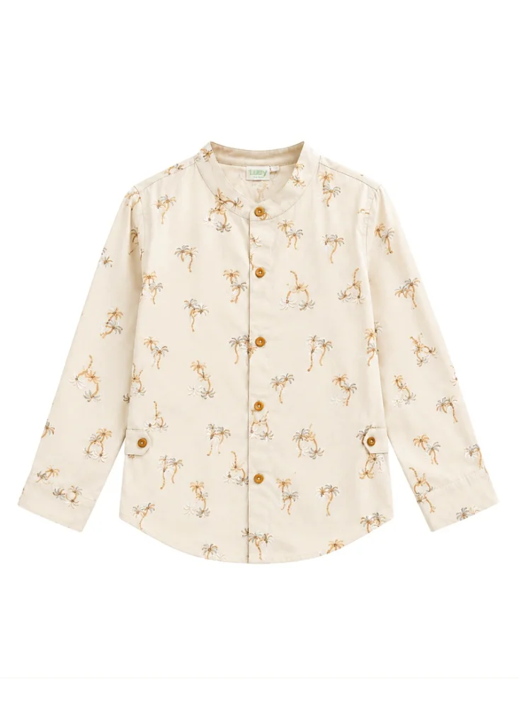 Luay Beige LUAY Boys Printed Linen Blend Co-Ord Set | Long Sleeve Shirt & Shorts Two-Piece Outfit | Lightweight Casual Wear for Boys for Men | Best Price UAE
