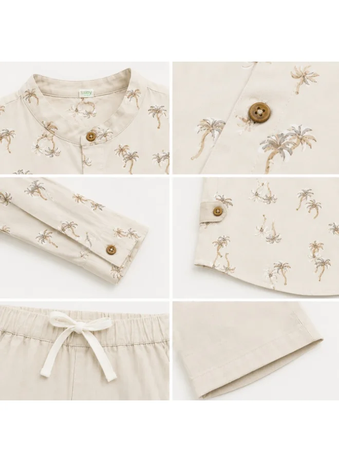 Luay Beige LUAY Boys Printed Linen Blend Co-Ord Set | Long Sleeve Shirt & Shorts Two-Piece Outfit | Lightweight Casual Wear for Boys for Men | Best Price UAE