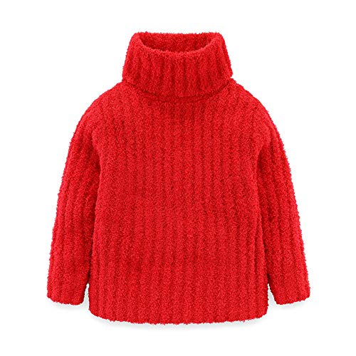 Mud Kingdom Fuzzy Sweater for Toddler Girls Chenille Turtleneck Plain Pullover Knitted Thermal Outwear Winter Red 2T - Image 1