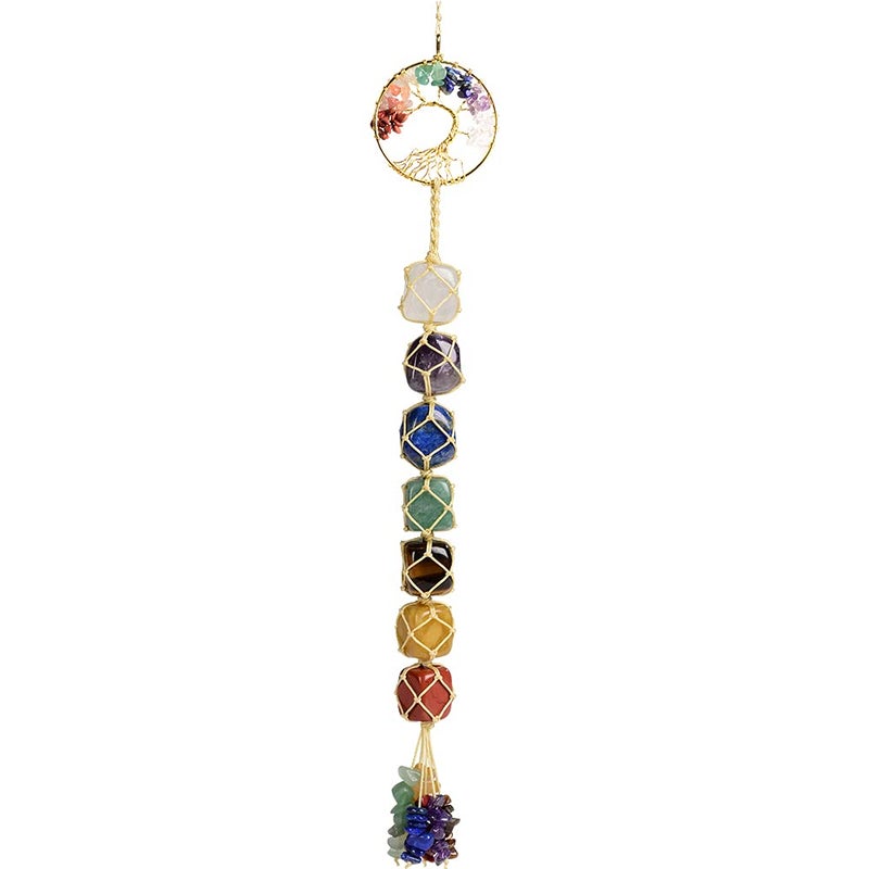 Handmade Crystal Window Car Hanging Ornaments 7 Chakra Home Decoration Feng Shui Ornament Yoga Meditation Car Decoration Tumbled Palm Stones Tree of Life