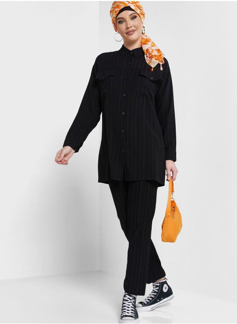 Textured Button Down Top & Pant Set