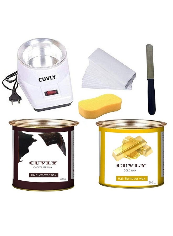 CUVLY® Waxing Kit Combo (Wax Heater + Chocolate Wax (600 gm) + Gold Wax (600 gm) + Wax Strips (70) + Wax Spatula + Sponge) - Image 1