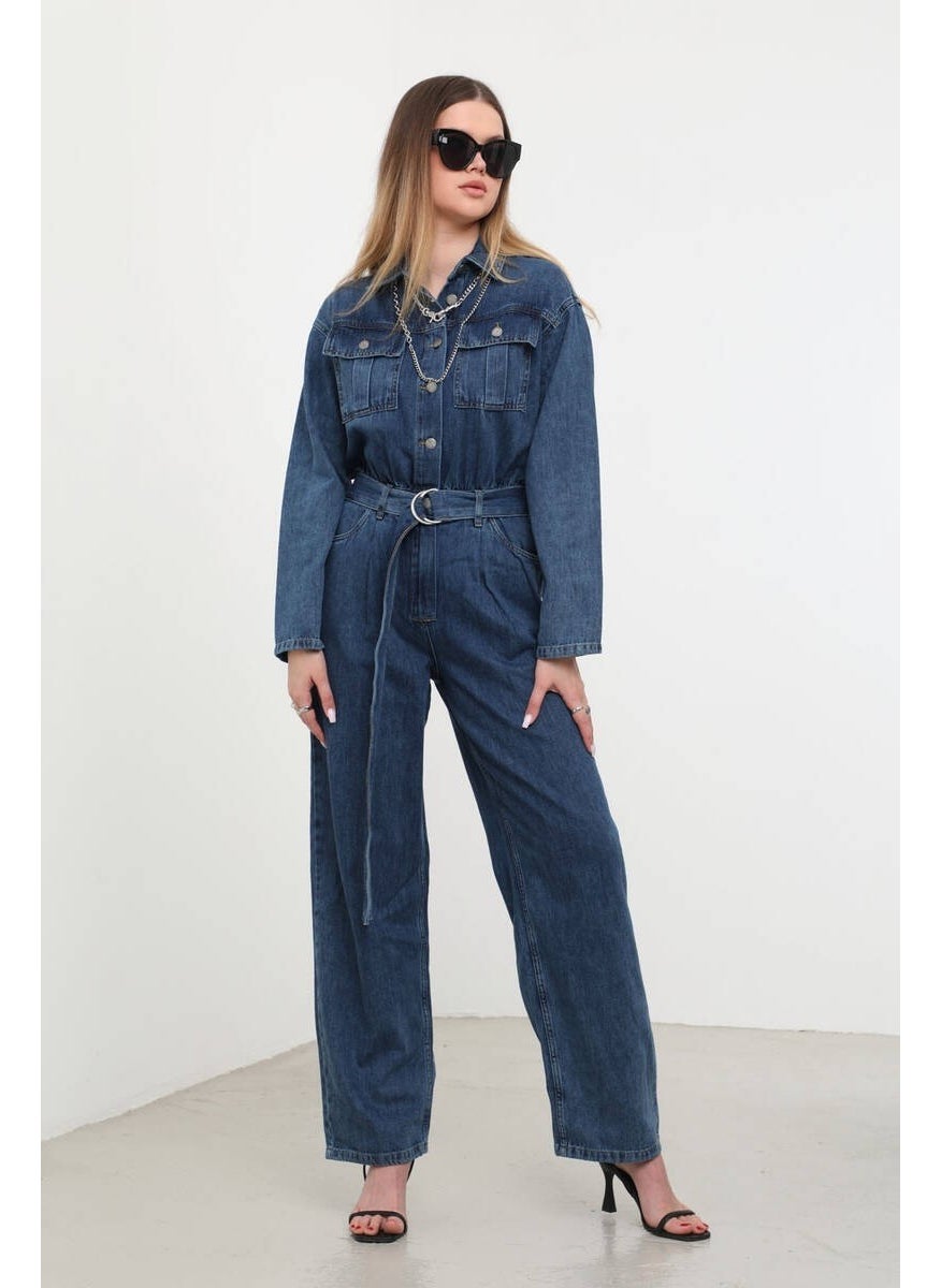 Banny Jeans - جمبسوت جينز نسائي بحجم كبير لون أزرق داكن - Image 1