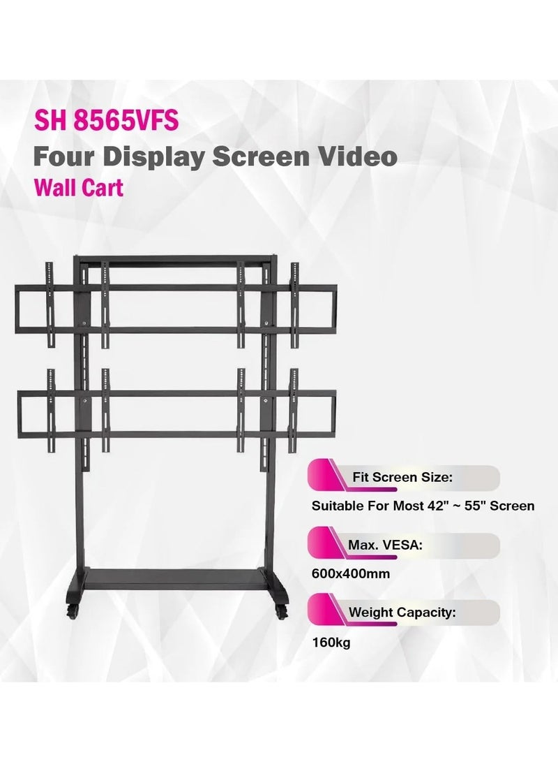سكيل تك عربة حائط فيديو SH 8565VFS بأربع شاشات لشاشات LED/LCD مقاس 42-55 بوصة، VESA 600x400، حامل تلفزيون متنقل عالي التحمل، أقصى حمولة 160 كجم - أسود - Image 4