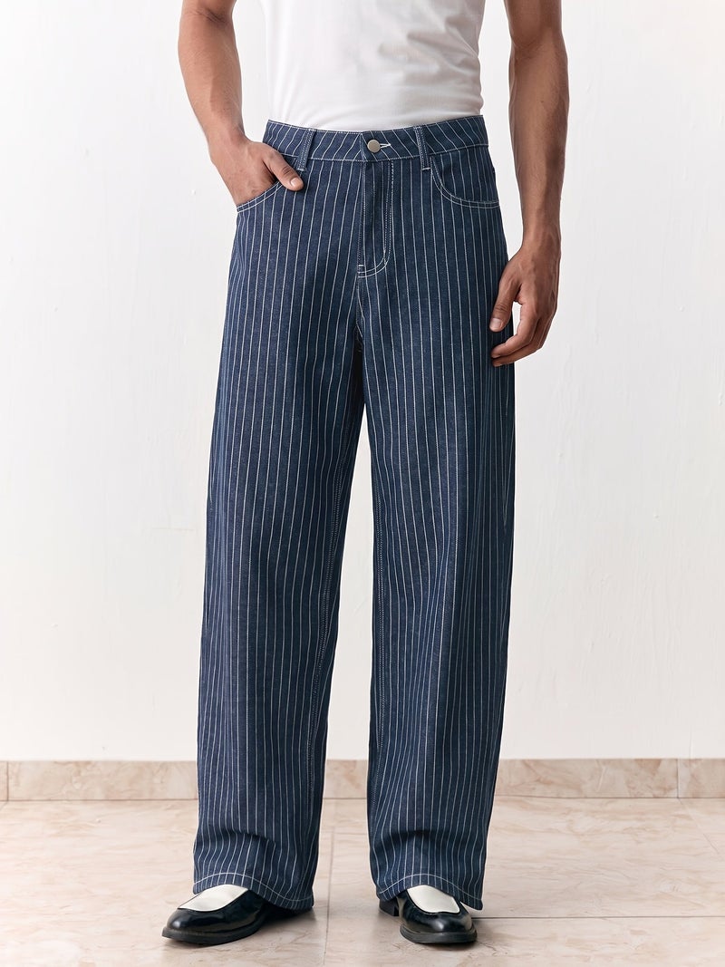 Of Men's Jeans Light Luxury Blue White Striped Jacquard Slim Elastic Fit Straight Leg Jeans Japanese-Korean Fashionable Business Casual Style Versatile Commuting Denim Pants Unisex - Image 3