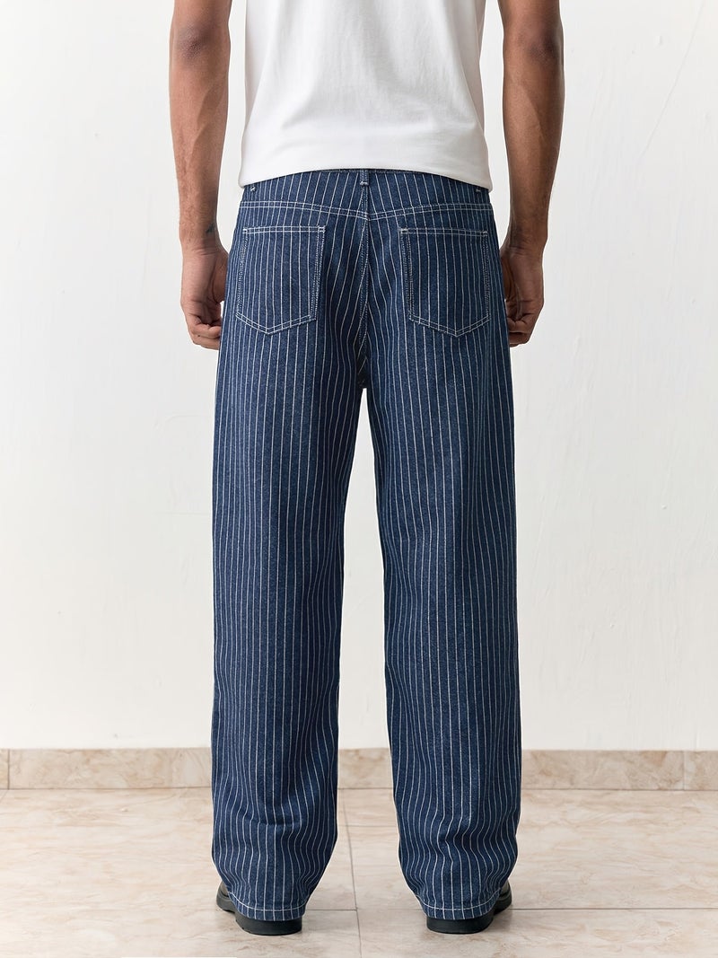 Of Men's Jeans Light Luxury Blue White Striped Jacquard Slim Elastic Fit Straight Leg Jeans Japanese-Korean Fashionable Business Casual Style Versatile Commuting Denim Pants Unisex - Image 5