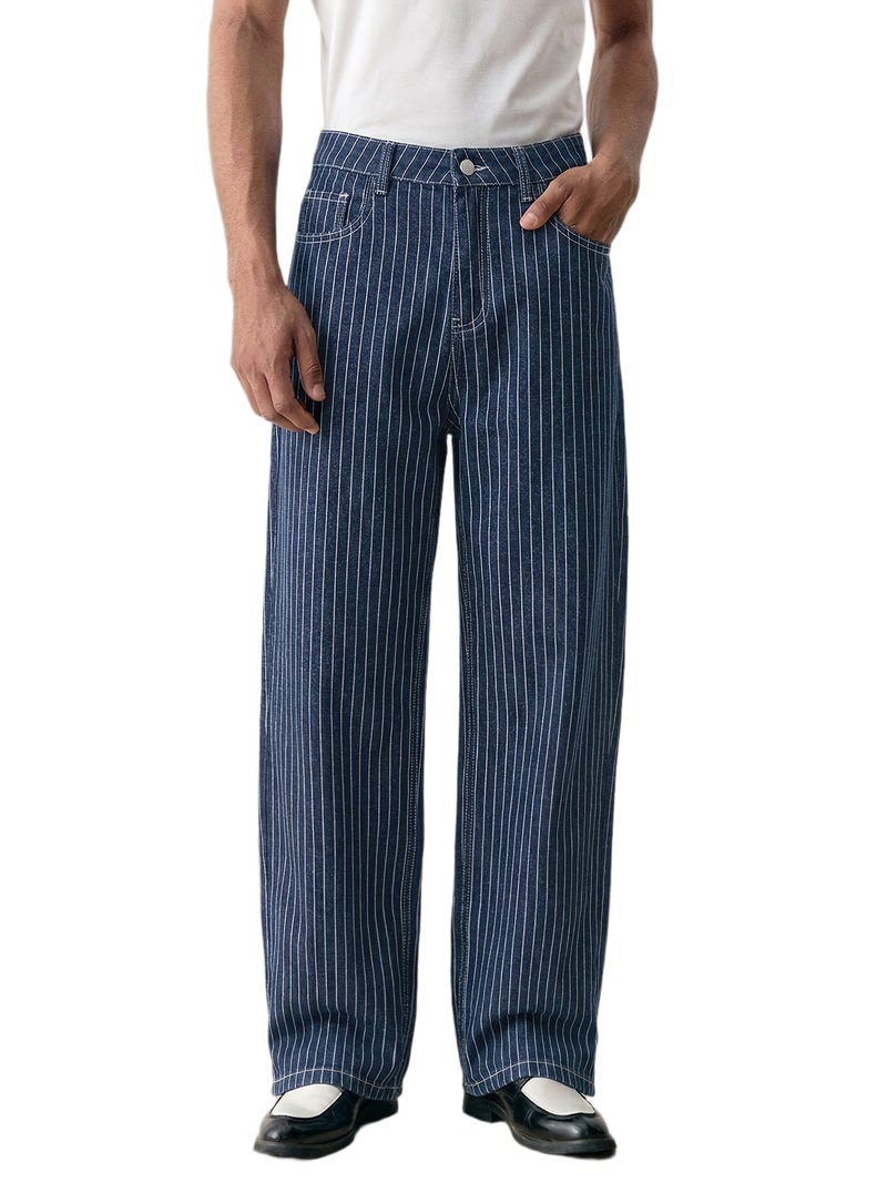 Of Men's Jeans Light Luxury Blue White Striped Jacquard Slim Elastic Fit Straight Leg Jeans Japanese-Korean Fashionable Business Casual Style Versatile Commuting Denim Pants Unisex - Image 1