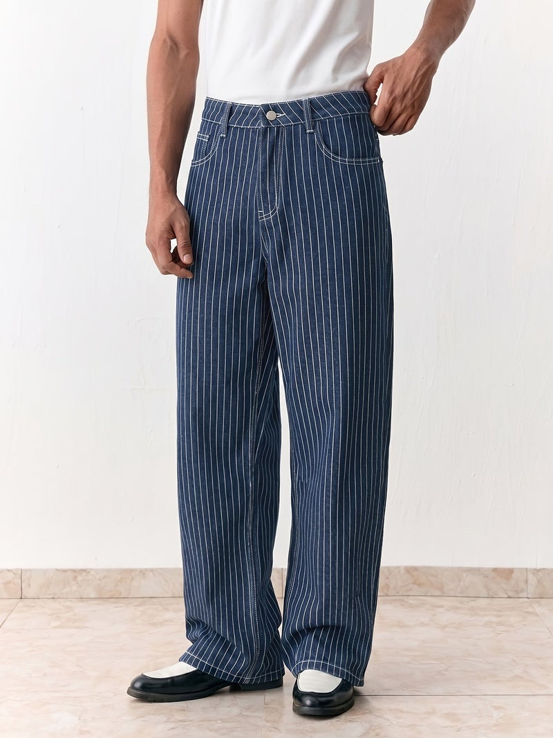 Of Men's Jeans Light Luxury Blue White Striped Jacquard Slim Elastic Fit Straight Leg Jeans Japanese-Korean Fashionable Business Casual Style Versatile Commuting Denim Pants Unisex - Image 2
