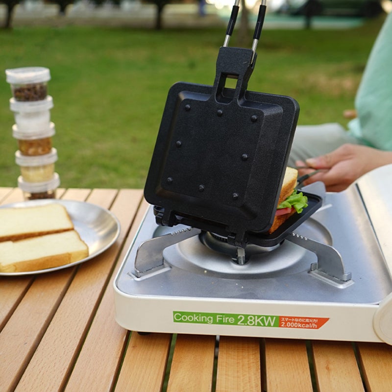 CLS Outdoor Folding Handle Muffin Sandwich Baking Pan: 1 Black Aluminum Alloy Dual-Sides Pan - Even Heating Detachable Tray for Outdoor Camping Breakfast Cooking - Image 5