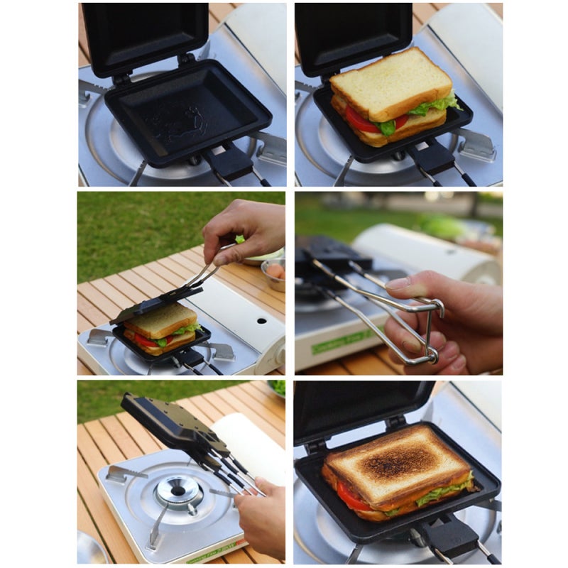 CLS Outdoor Folding Handle Muffin Sandwich Baking Pan: 1 Black Aluminum Alloy Dual-Sides Pan - Even Heating Detachable Tray for Outdoor Camping Breakfast Cooking - Image 3