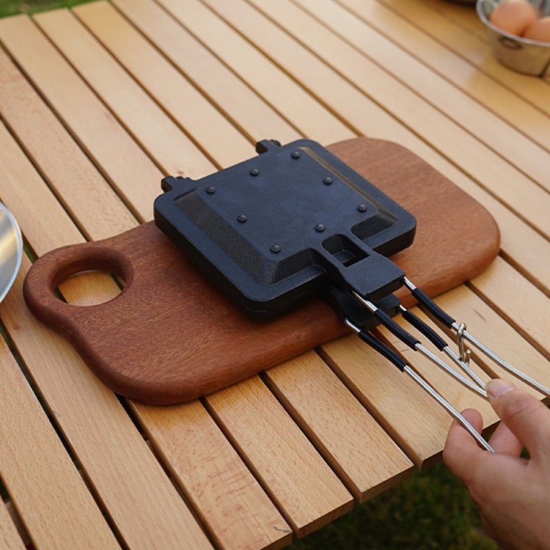 CLS Outdoor Folding Handle Muffin Sandwich Baking Pan: 1 Black Aluminum Alloy Dual-Sides Pan - Even Heating Detachable Tray for Outdoor Camping Breakfast Cooking - Image 2