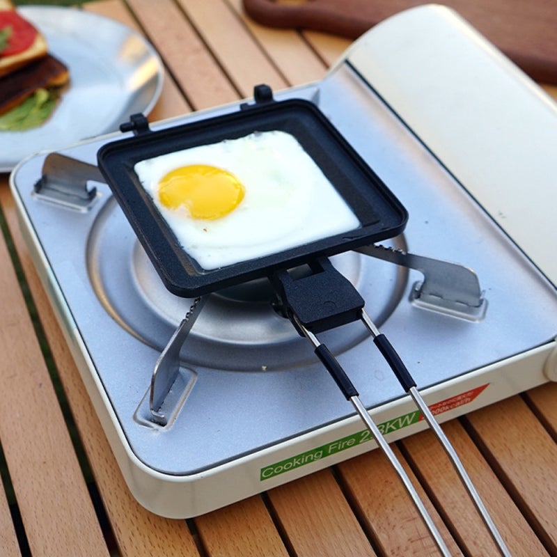CLS Outdoor Folding Handle Muffin Sandwich Baking Pan: 1 Black Aluminum Alloy Dual-Sides Pan - Even Heating Detachable Tray for Outdoor Camping Breakfast Cooking - Image 4