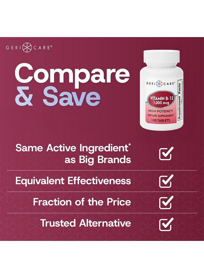 GeriCare Vitamin B-12 1000mcg High Potency Tablets, Premium Dietary Supplement for Boosting Energy, Supporting Brain Health, and Maintaining a Healthy Nervous System 100 Count (Pack of 1) - Image 2