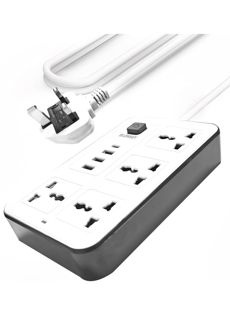 ELONSEY - Universal Power Extension Cord with 4 Power Sockets and 3 USB Slots 4 Way Power Strip with USB C PD Charging Slots Extension Lead 3m - White - Image 1