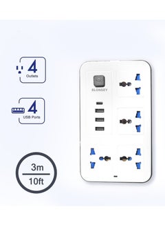 ELONSEY Universal Power Extension Cord with 4 Power Sockets and 3 USB Slots 4 Way Power Strip with USB C PD Charging Slots Extension Lead 3m - White  - Image 2