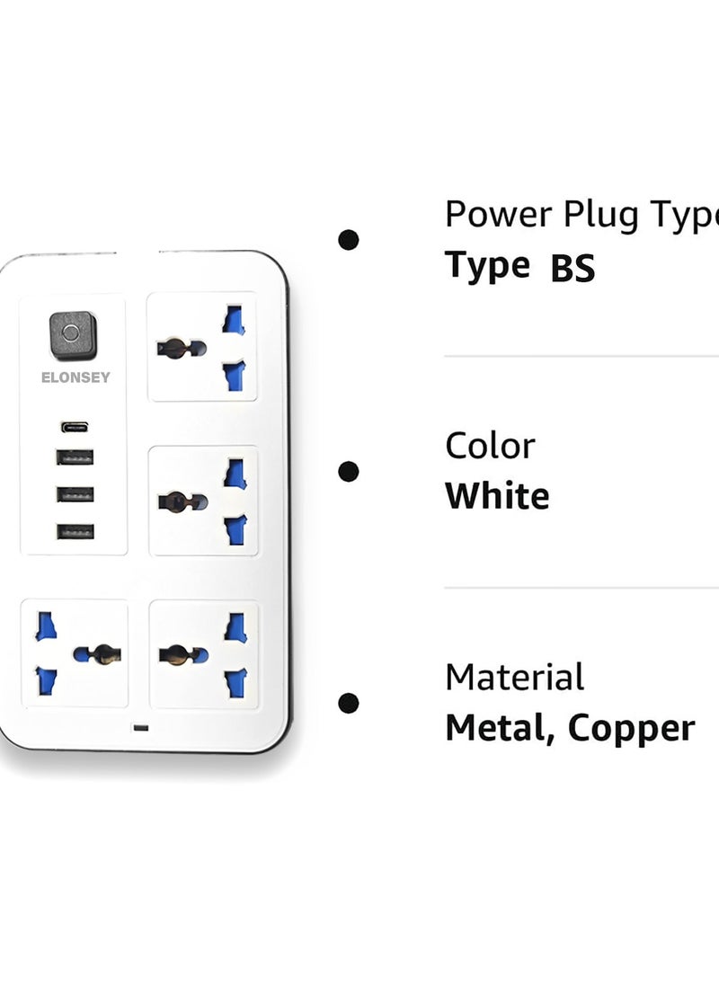 ELONSEY - Universal Power Extension Cord with 4 Power Sockets and 3 USB Slots 4 Way Power Strip with USB C PD Charging Slots Extension Lead 3m - White - Image 1