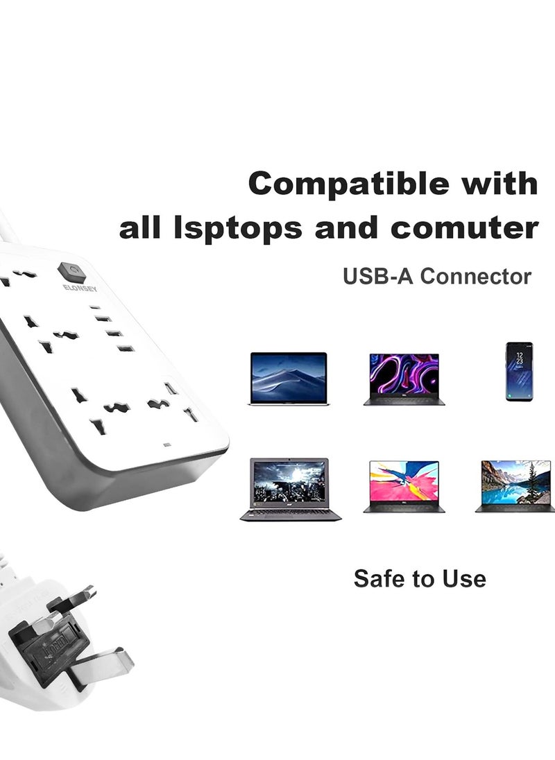 ELONSEY - Universal Power Extension Cord with 4 Power Sockets and 3 USB Slots 4 Way Power Strip with USB C PD Charging Slots Extension Lead 3m - White - Image 1