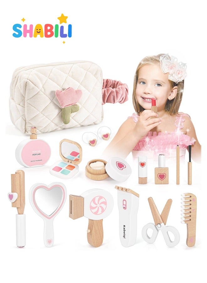 SHABILI 14PCS Wooden Pretend Makeup Kit for Girls – Beauty Role Play Toy Set with Storage Bag – Gift for Kids Aged 3+ - Image 1