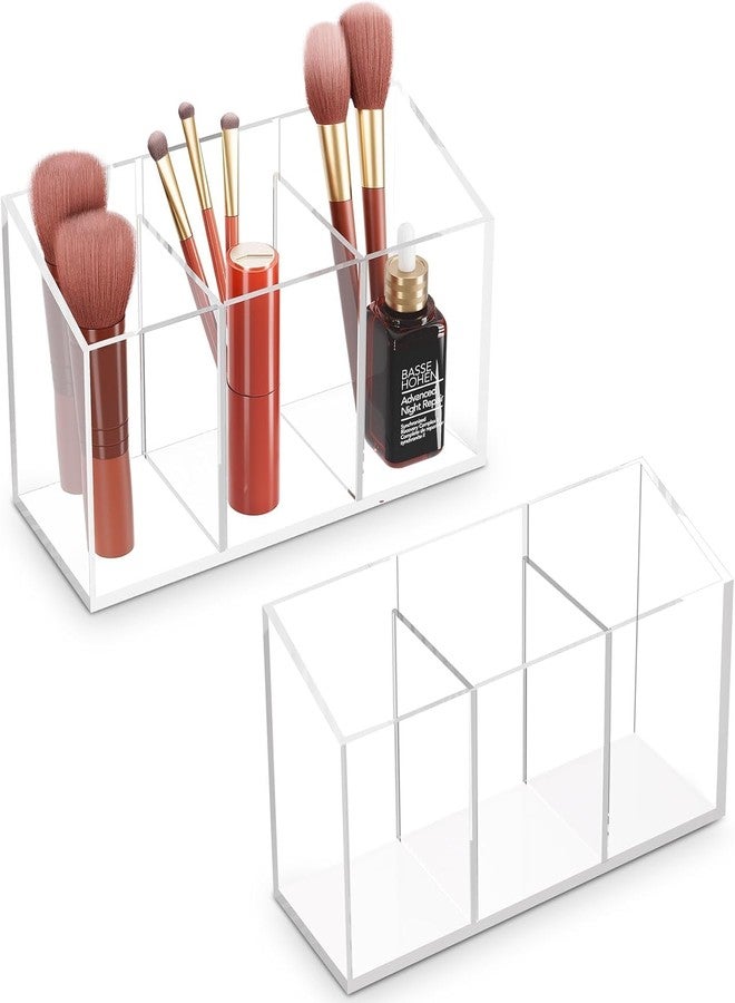 HOMANLY Clear Makeup Brush Holder Organizer - Acrylic Cosmetic Storage for Vanity Countertops, 3 Slots Each, Pack of 2 - Image 1