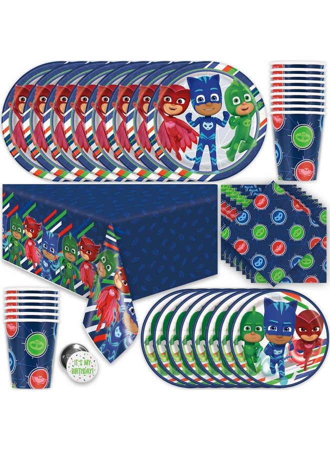 Unique مجموعة لوازم حفلات أعياد الميلاد من Pj Masks؛ ديكورات أعياد الميلاد من Pj Masks؛ لوازم حفلات Pj Masks؛ لـ 16 ضيفًا؛ للأولاد والبنات؛ مع أغطية للطاولات وأطباق وأكواب ومناديل وأزرار - Image 2