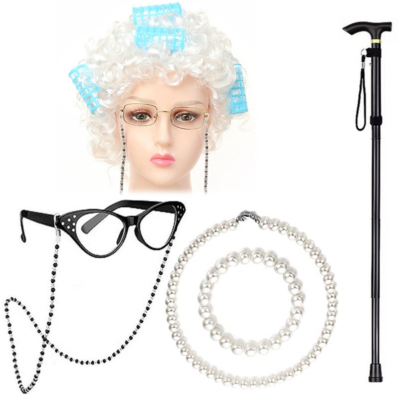 Generic Halloween Granny Wig Cosplay Kids Elderly Costume Set White Roll blue six-piece set