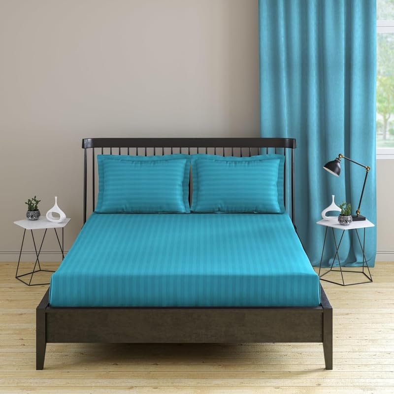 Pro Linen Basic 1Cm Satin Stripe Pure Cotton 210Tc 3Pc Bedding Set King Regular Size 275x275 Cm Aqua 1 Bed Sheet 2 Pillow Covers