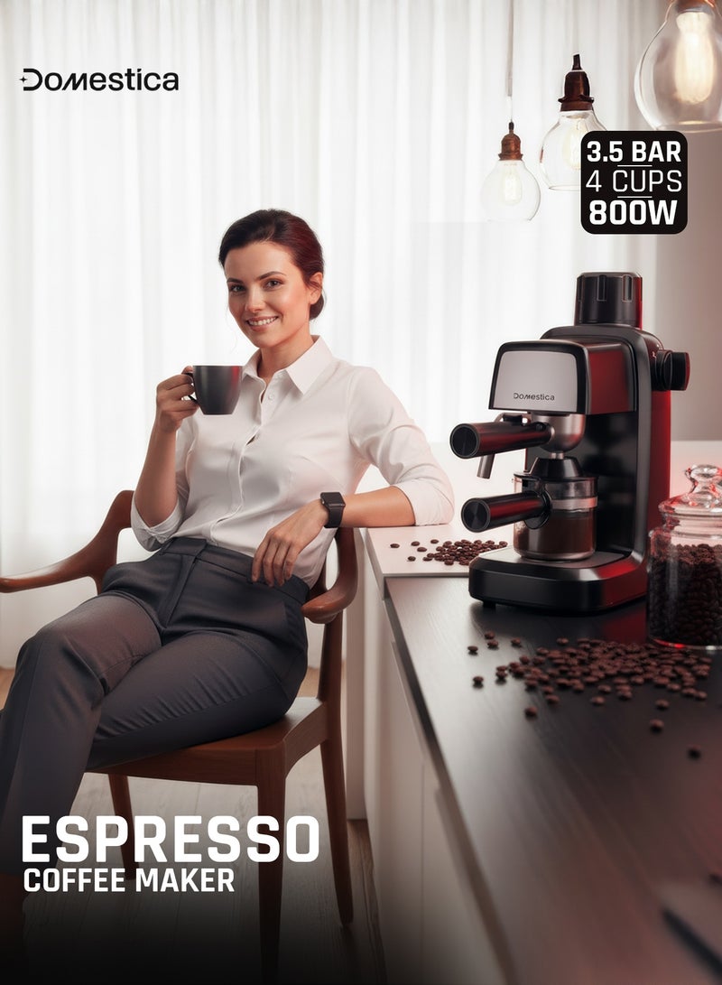 دوماستيكا ماكينة تحضير الإسبريسو Brewcraft بضغط 3.5 بار للاستخدام المنزلي | تقنية التحضير السريع Fastbrew، وظيفة التسخين المسبق، خافق حليب وعصا بخار | آلة إسبريسو | ماكينة قهوة بقدرة 800 واط لتحضير 4 أكواب من الكابتشينو واللاتيه والموكا – أسود - Image 2