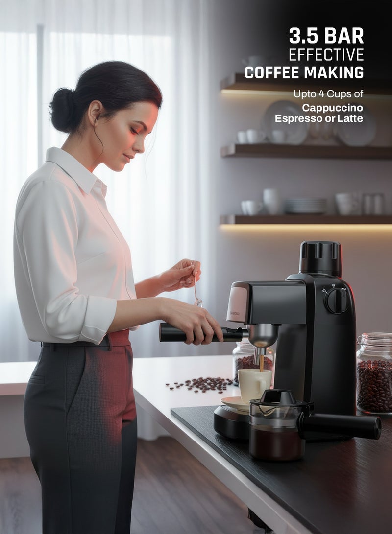 دوماستيكا ماكينة تحضير الإسبريسو Brewcraft بضغط 3.5 بار للاستخدام المنزلي | تقنية التحضير السريع Fastbrew، وظيفة التسخين المسبق، خافق حليب وعصا بخار | آلة إسبريسو | ماكينة قهوة بقدرة 800 واط لتحضير 4 أكواب من الكابتشينو واللاتيه والموكا – أسود - Image 3