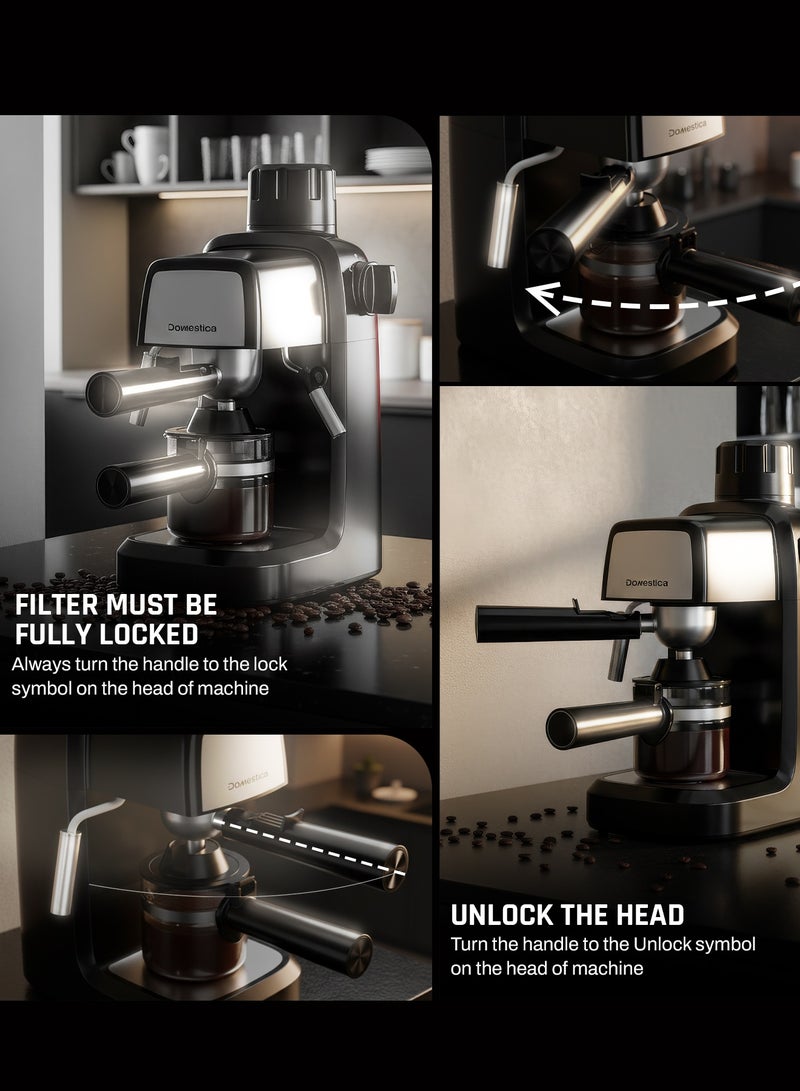 دوماستيكا ماكينة تحضير الإسبريسو Brewcraft بضغط 3.5 بار للاستخدام المنزلي | تقنية التحضير السريع Fastbrew، وظيفة التسخين المسبق، خافق حليب وعصا بخار | آلة إسبريسو | ماكينة قهوة بقدرة 800 واط لتحضير 4 أكواب من الكابتشينو واللاتيه والموكا – أسود - Image 5