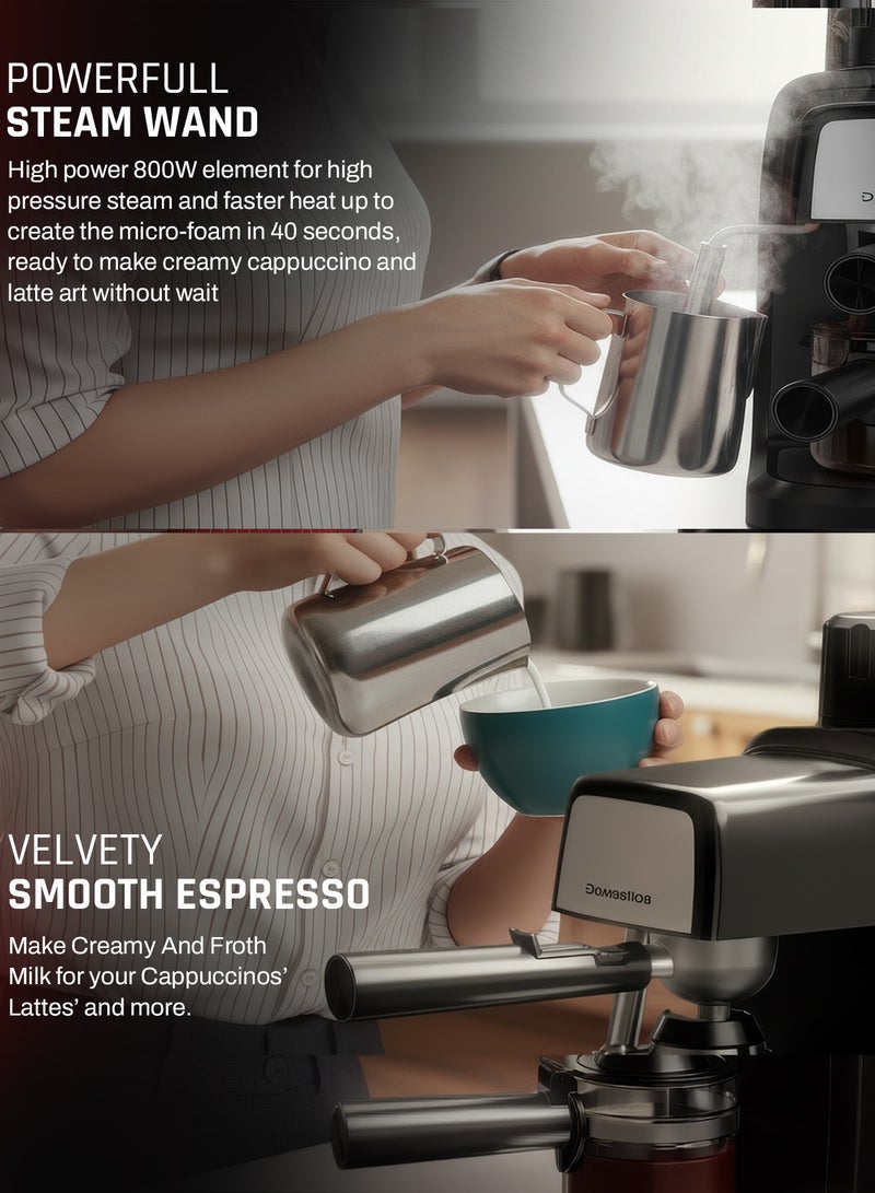 دوماستيكا ماكينة تحضير الإسبريسو Brewcraft بضغط 3.5 بار للاستخدام المنزلي | تقنية التحضير السريع Fastbrew، وظيفة التسخين المسبق، خافق حليب وعصا بخار | آلة إسبريسو | ماكينة قهوة بقدرة 800 واط لتحضير 4 أكواب من الكابتشينو واللاتيه والموكا – أسود - Image 4
