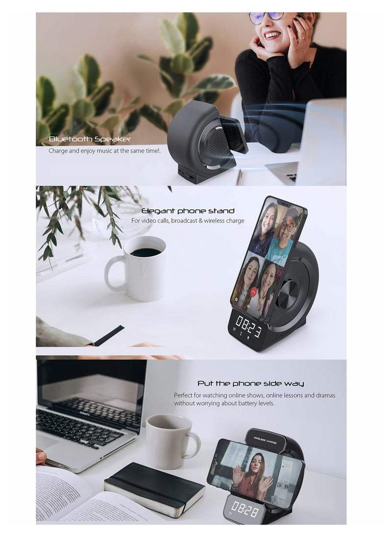 Pretocter - Phone Stand Wireless Charging Station, Bluetooth Speaker Clock LED Alarm Clock Audio Wireless Charging All-in-one - Image 1