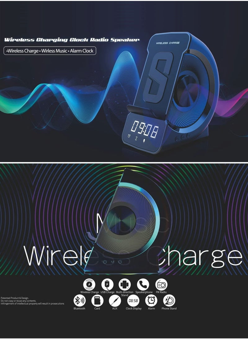 Pretocter - Phone Stand Wireless Charging Station, Bluetooth Speaker Clock LED Alarm Clock Audio Wireless Charging All-in-one - Image 1