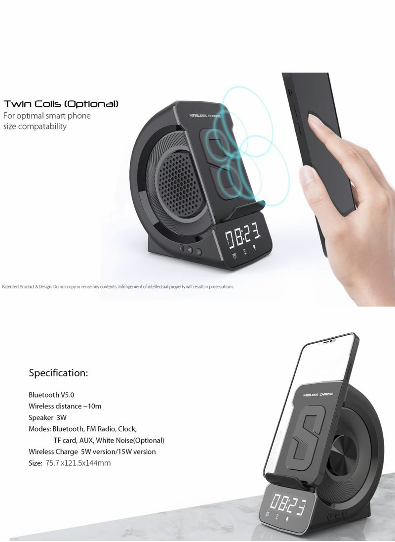 Pretocter - Phone Stand Wireless Charging Station, Bluetooth Speaker Clock LED Alarm Clock Audio Wireless Charging All-in-one - Image 1