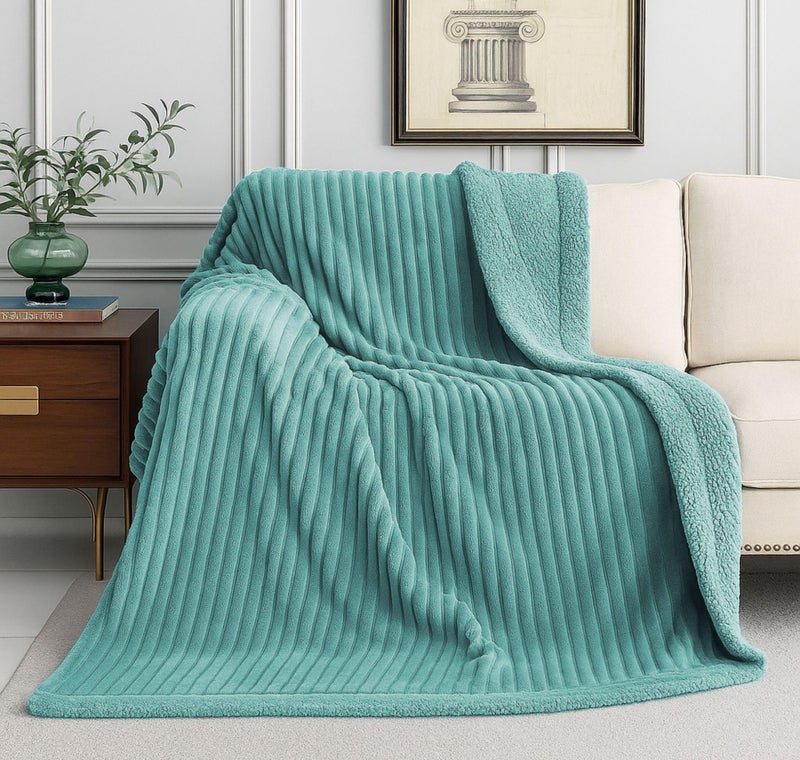VAS COLLECTIONS Reversible Sherpa Fleece Throw Blanket Plush Flannel Throw, Ultra Soft Warm Ribbed Microfiber all season/ac blanket for Sofa Couch Bed, Luxury Thick Striped Blanket, Green, 220x150 CM, - Image 1