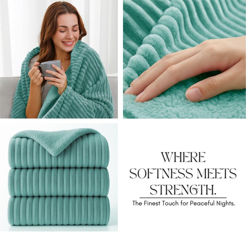 VAS COLLECTIONS Reversible Sherpa Fleece Throw Blanket Plush Flannel Throw, Ultra Soft Warm Ribbed Microfiber all season/ac blanket for Sofa Couch Bed, Luxury Thick Striped Blanket, Green, 220x150 CM, - Image 5